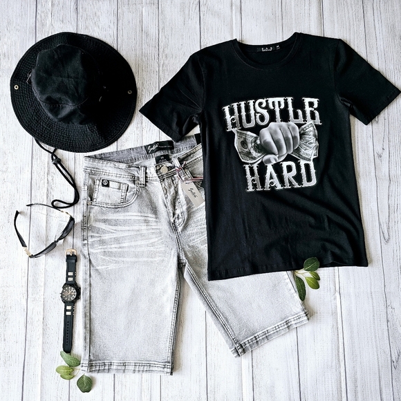 Black Slim Stretch T-Shirt - Hustle Hard Graphic - Picture 2 of 6